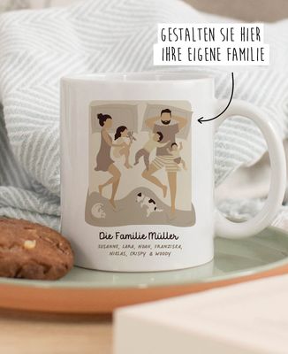 Tasse Familie im Bett individualisiert - Papa-Geschenke, Geschenke Mama, Werdende Mutter/Vater