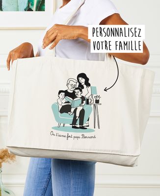 Maxi tote bag Lecture en famille personnalisé - Cadeaux Papy, Cadeaux Mamie