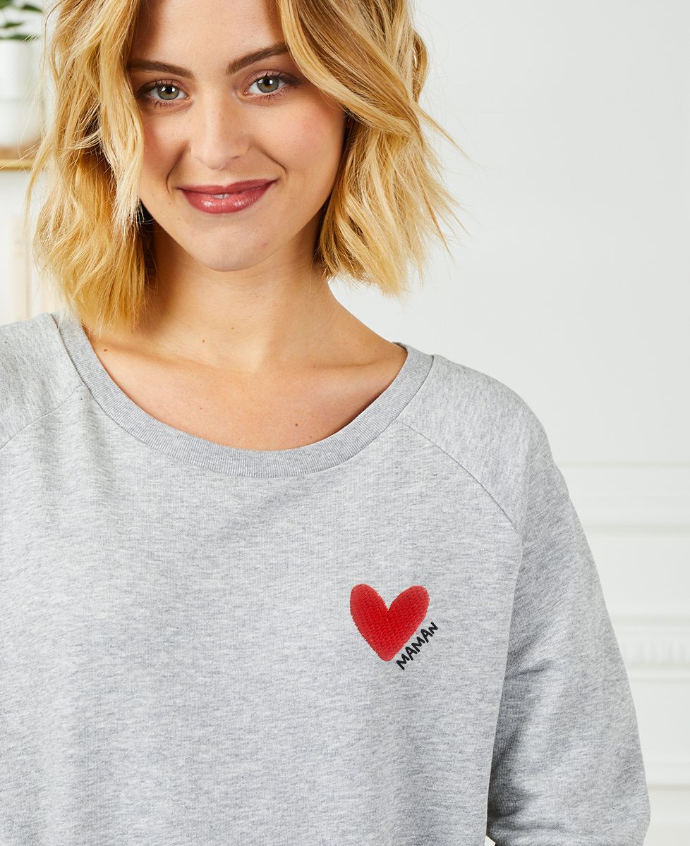 Sweatshirt femme Gros coeur maman (brodé) - Cadeaux Maman
