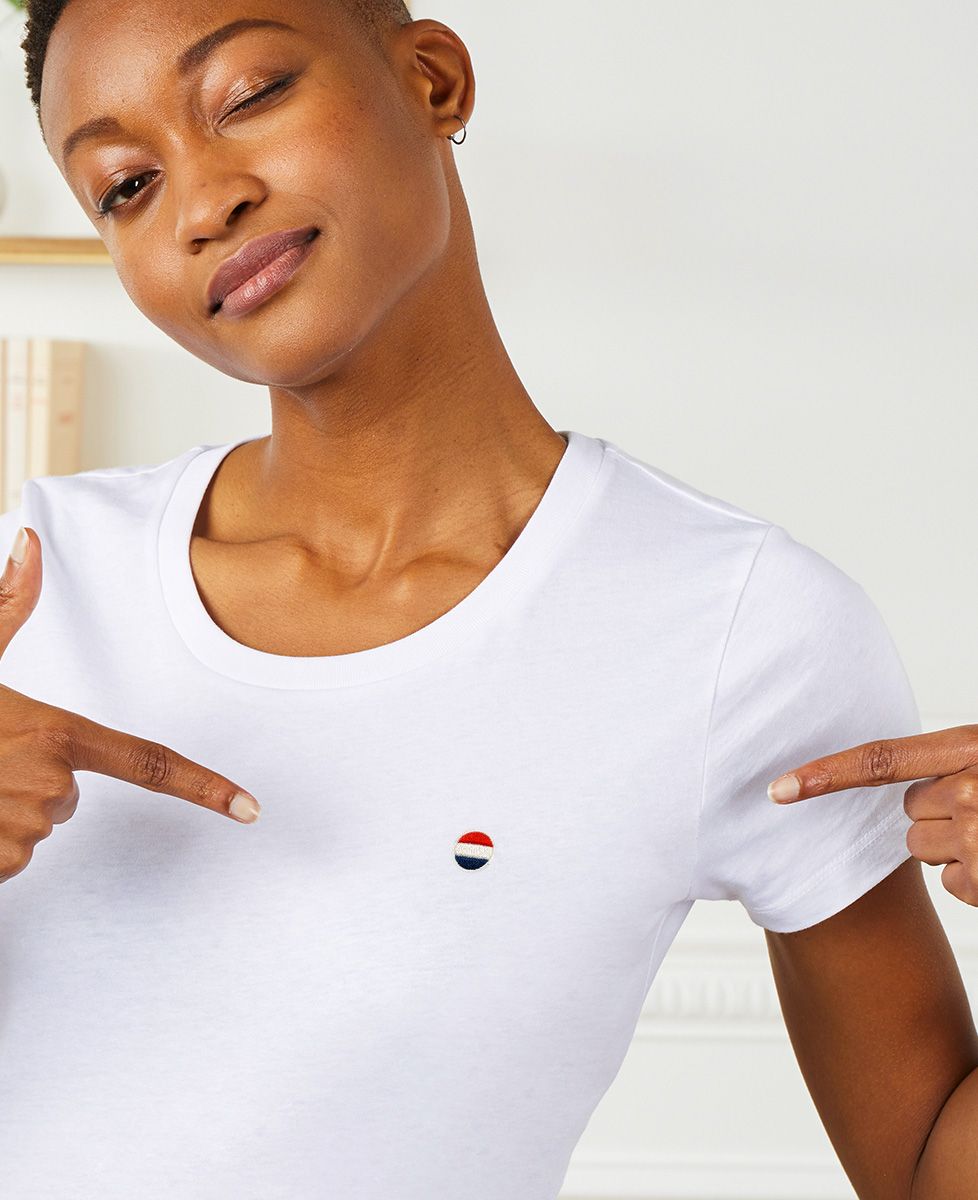 Dames-T-shirt Nederlandse vlag rond (geborduurd)