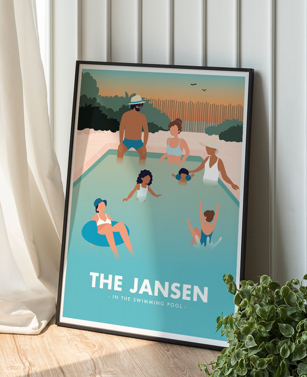 poster-familie-aan-het-zwembad-gepersonaliseerd-monsieur-tshirt