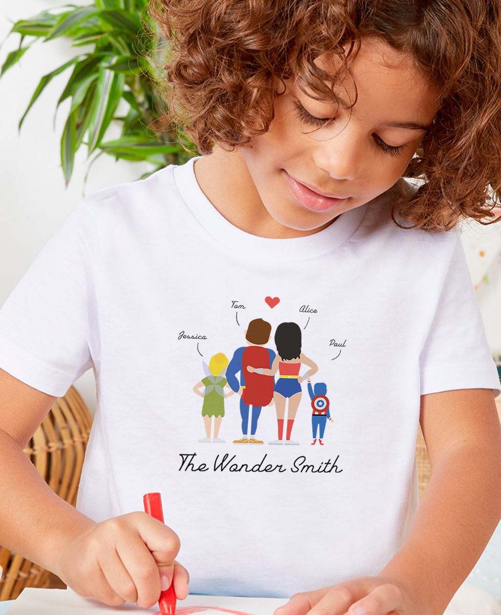 T-shirt voor kinderen Superheldenfamilie gepersonaliseerd