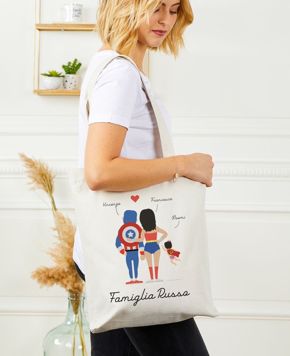 Totebag Famiglia di supereroi personalizzata - Regali per papà, Regali per la mamma