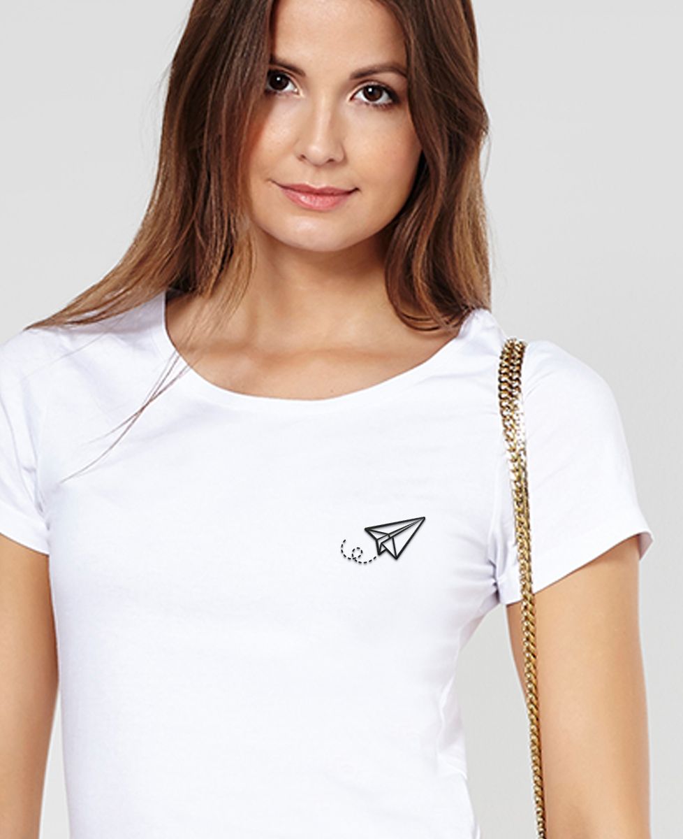 Dames-T-shirt Papieren vliegtuigje (geborduurd)