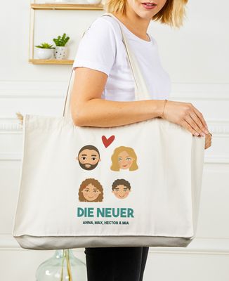 Maxi Tote Bags Familie illustrierte Köpfe personalisiert - Papa-Geschenke, Geschenke Mama, Geschenke für Paare