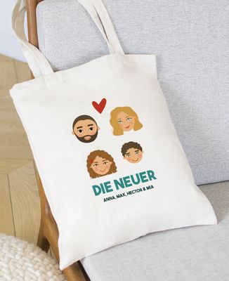 Tote Bag Familie illustrierte Köpfe personalisiert - Papa-Geschenke, Geschenke Mama, Geschenke für Paare