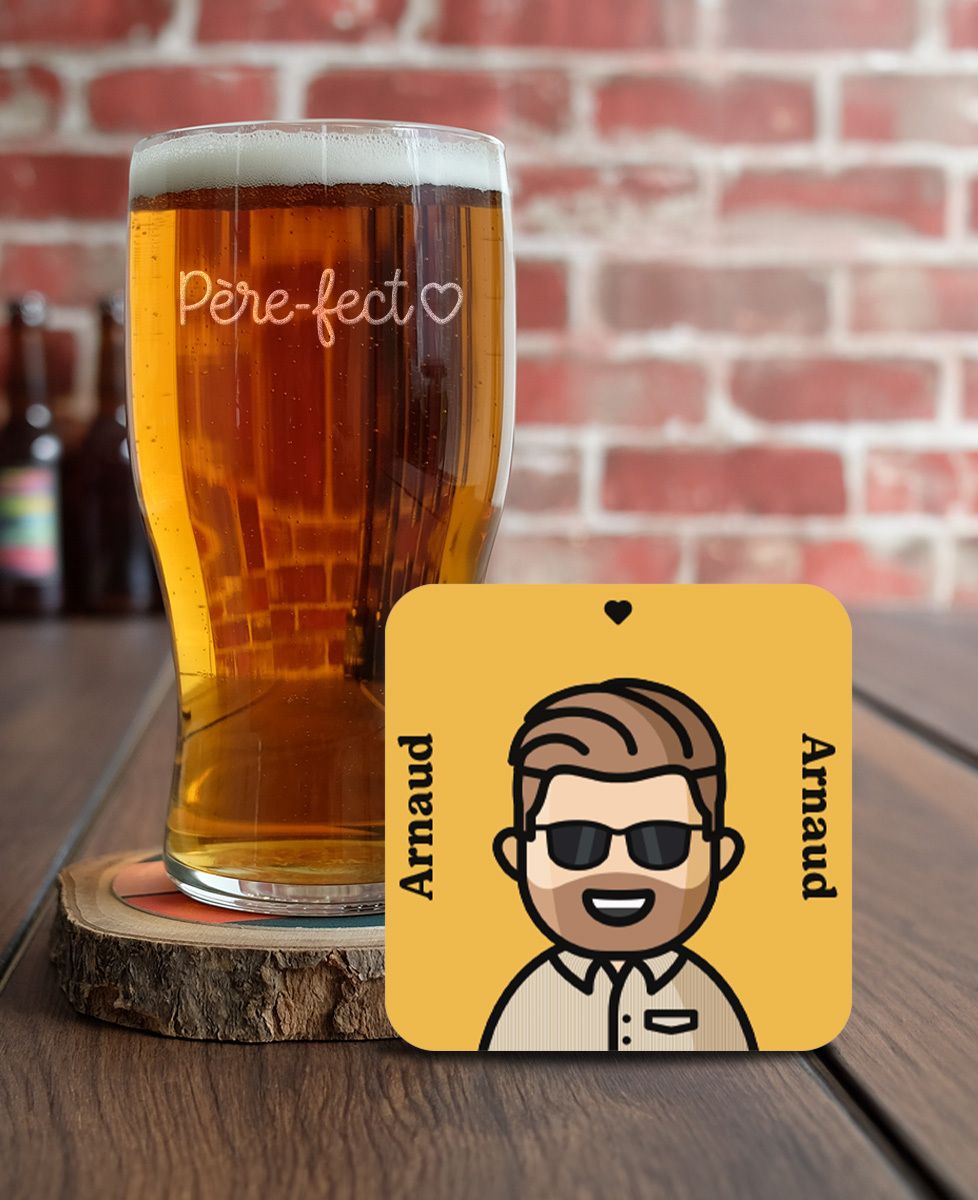 Coffret Verre à bière Père-fect gravé et 1 figurine personnalisée