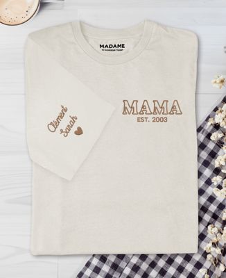 T-Shirt Frau Mama und Vorname der Kinder auf den Ärmel gestickt - Papa-Geschenke, Geschenke Mama