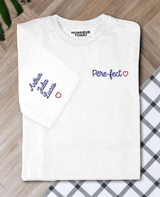 T-shirt homme Père-fect et prénom des enfants brodés sur la manche - Cadeaux Papa