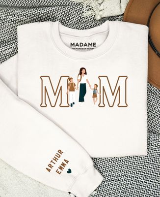 Sweatshirt femme MOM illustré et prénoms sur la manche - Cadeaux Papa