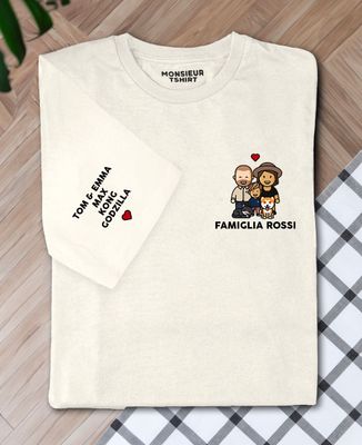 T-shirt per lui Statuette famiglia personalizzate e nomi sulla manica