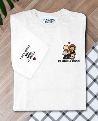 T-shirt per lei Statuette famiglia personalizzate e nomi sulla manica
