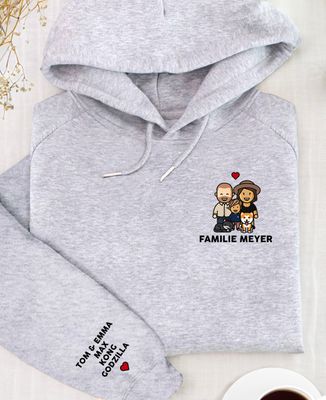 Hoodie voor dames Gepersonaliseerd familieplaatje en voornamen op mouw
