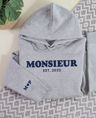 Hoodie homme Monsieur et initiales personnalisés (effet velours) - Cadeaux Couple