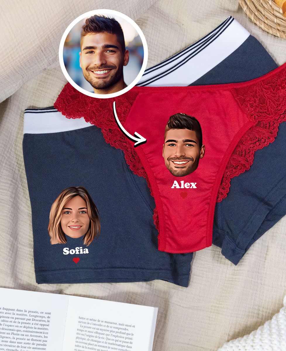 Box Duo Höschen und Boxershorts Personalisiertes Gesicht und Vornamen - Geschenke für Paare