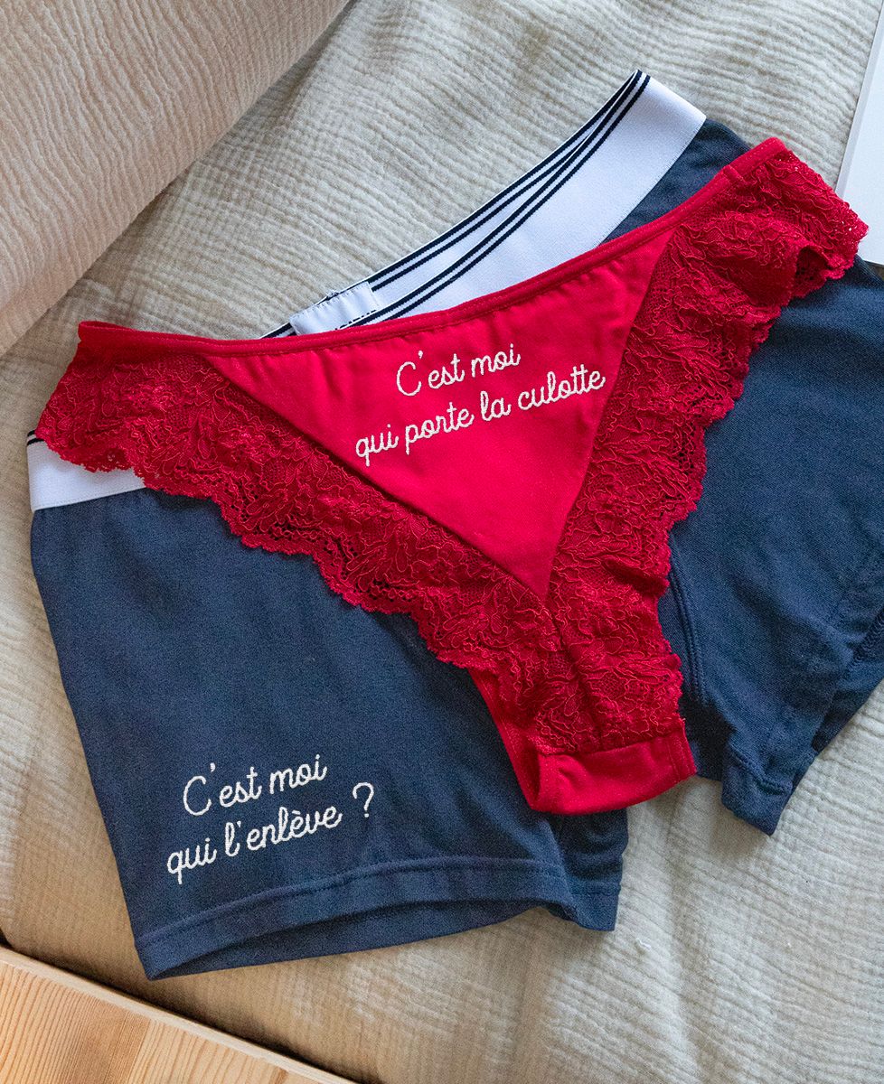 Coffret Duo Culotte Tanga C'est moi qui porte la culotte et Boxer C'est moi qui l'enlève - Cadeaux Couple