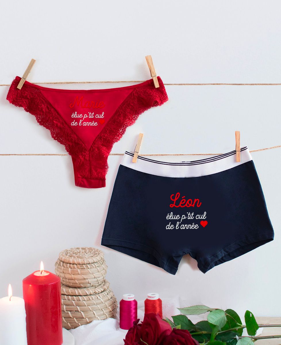 Coffret Duo Culotte tanga et Boxer Élu(e) p'tit cul de l'année - Cadeaux Couple