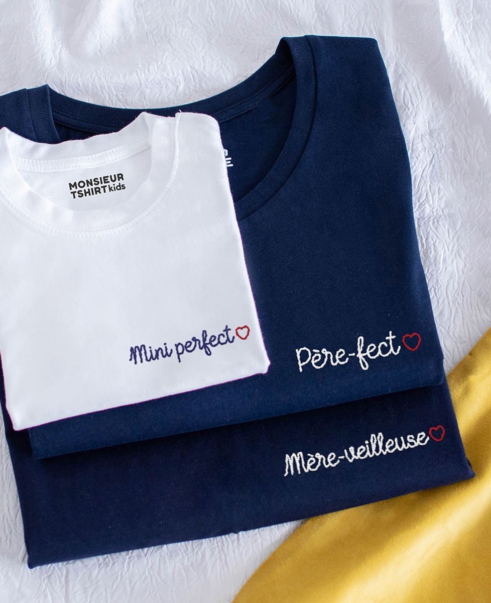 Coffret Trio t-shirts - Père-fect + Mère-veilleuse + Mini Perfect / Mini Merveille - Cadeaux Papa