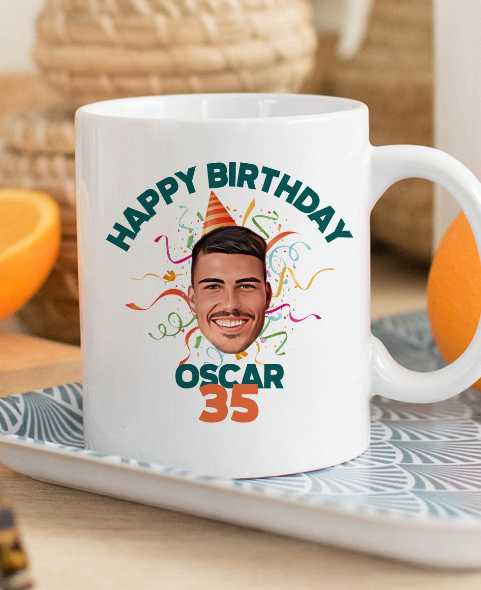 Tasse Happy Birthday mit Gesicht und Namen