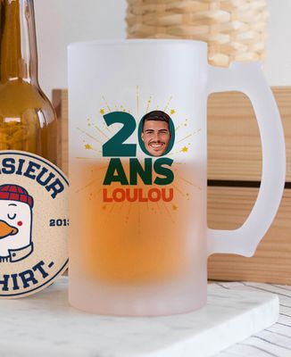 Chope de bière 20 ans visage et prénom personnalisé - Apéro