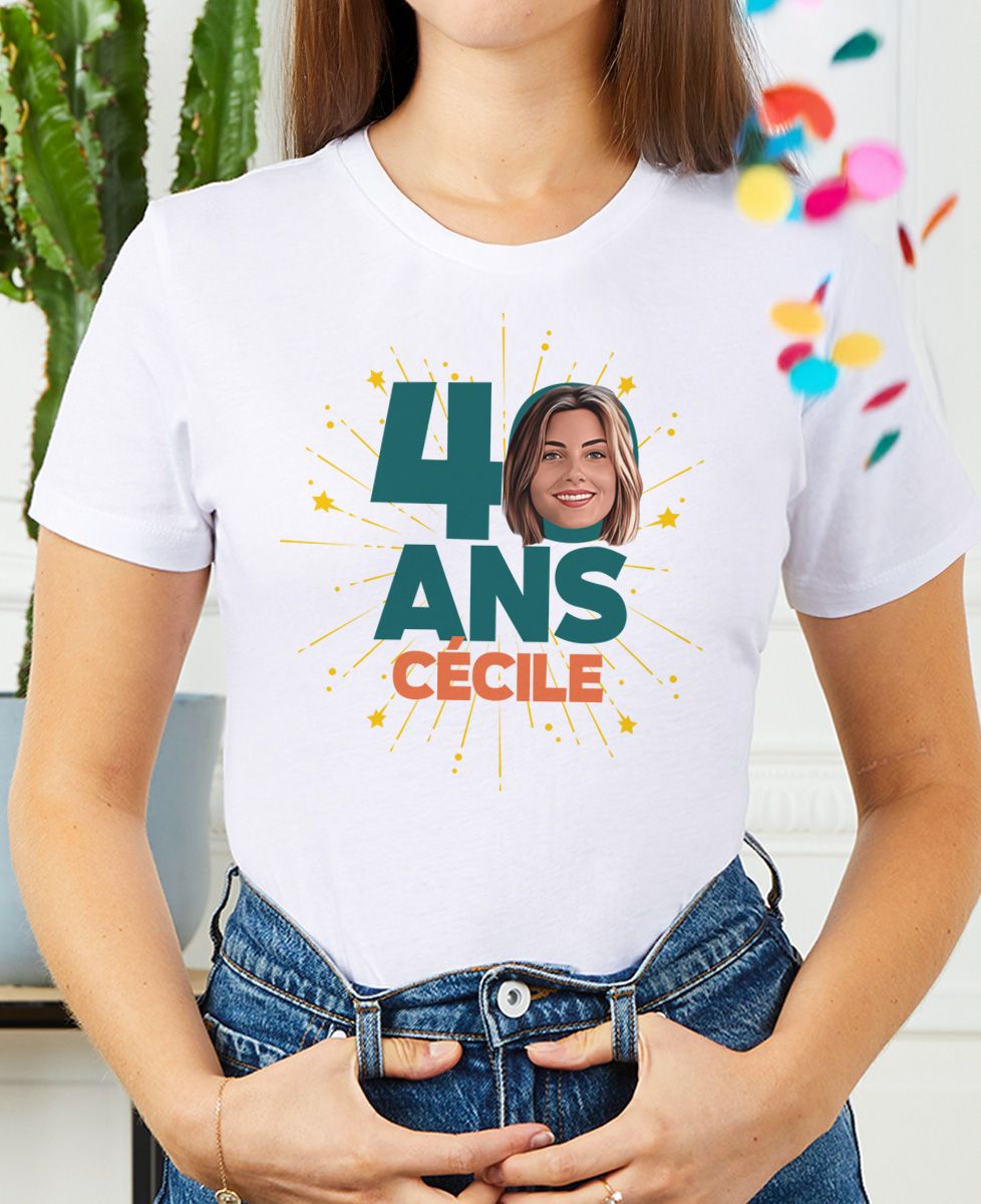 T-shirt femme 40 ans visage et prénom personnalisé Monsieur TSHIRT