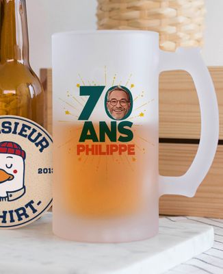 Chope de bière 70 ans visage et prénom personnalisé - Apéro