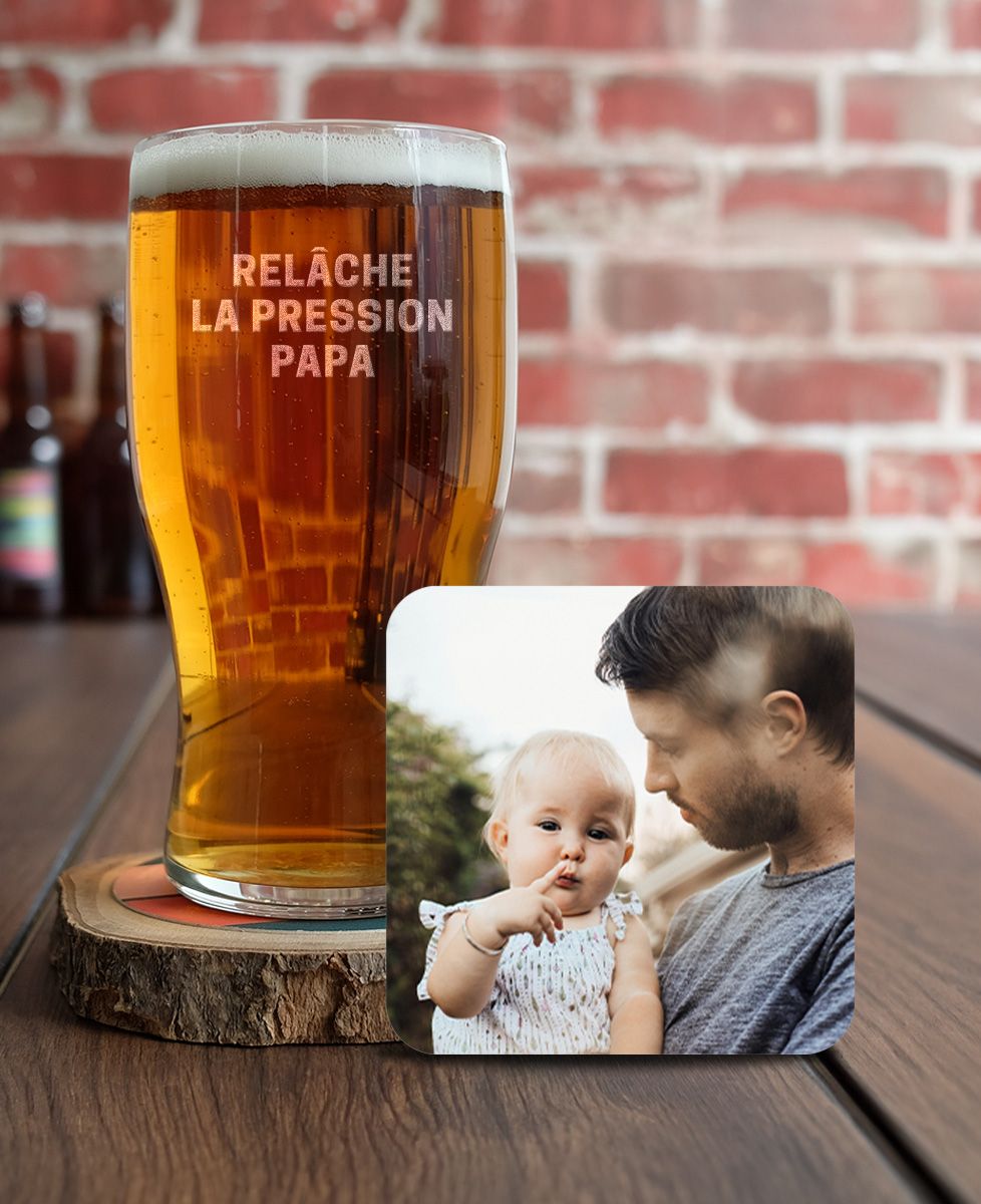 Coffret Verre à bière Relâche la pression Papa et dessous de verre photo personnalisée