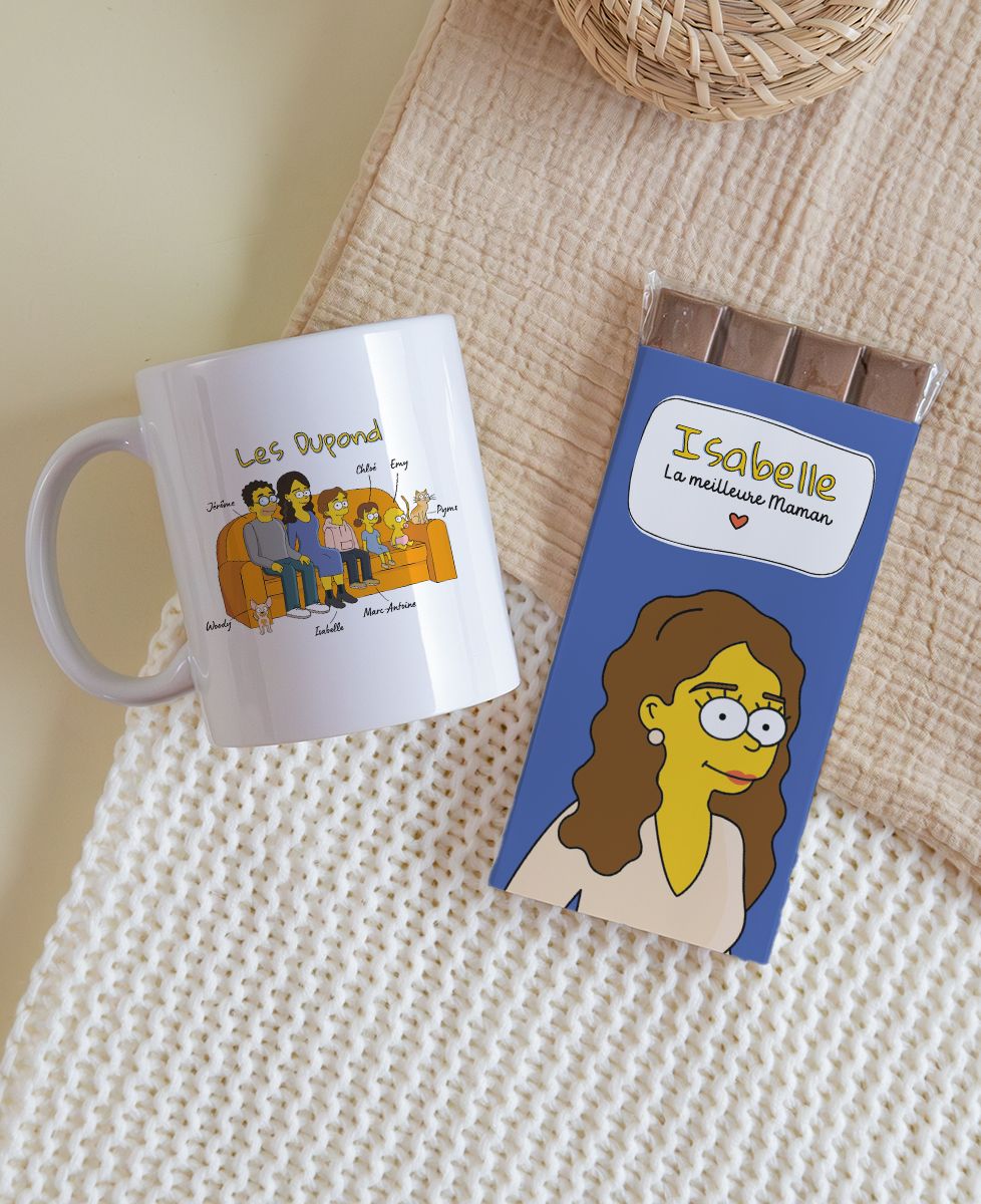 Coffret Mug et tablette de chocolat famille cartoon personnalisée