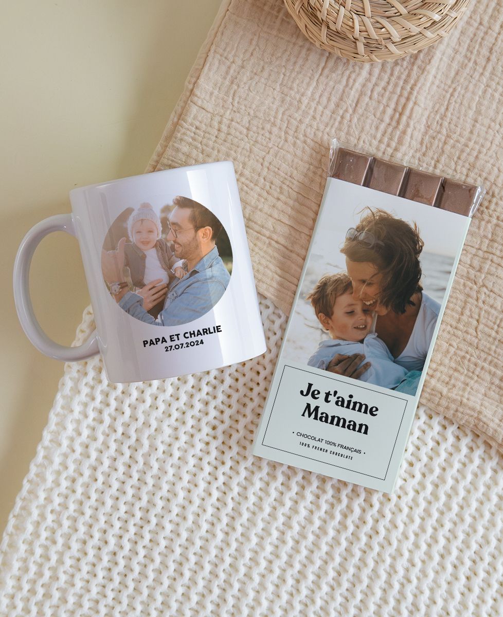 Coffret Mug et tablette de chocolat photo et texte personnalisé