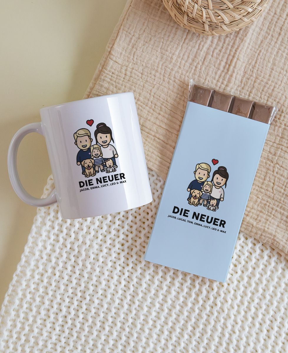 Box Tasse und Tafel Schokolade Familie personalisierte Figur