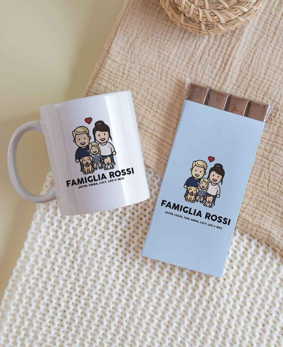 Box Tazza e tavoletta di cioccolato personalizzate con statuetta di famiglia
