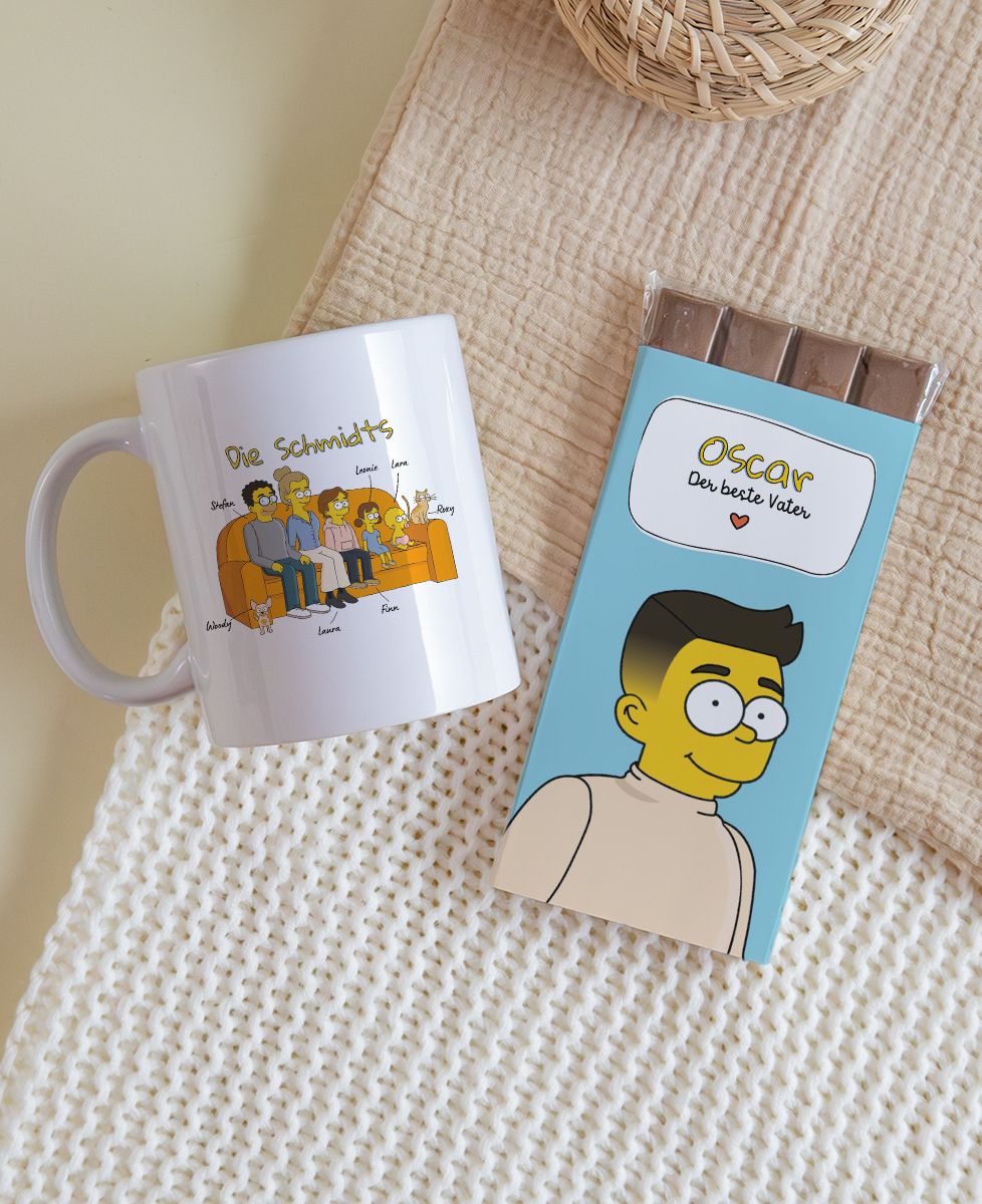 Box Personalisierte Tasse und Schokoladentafel Cartoon-Familie