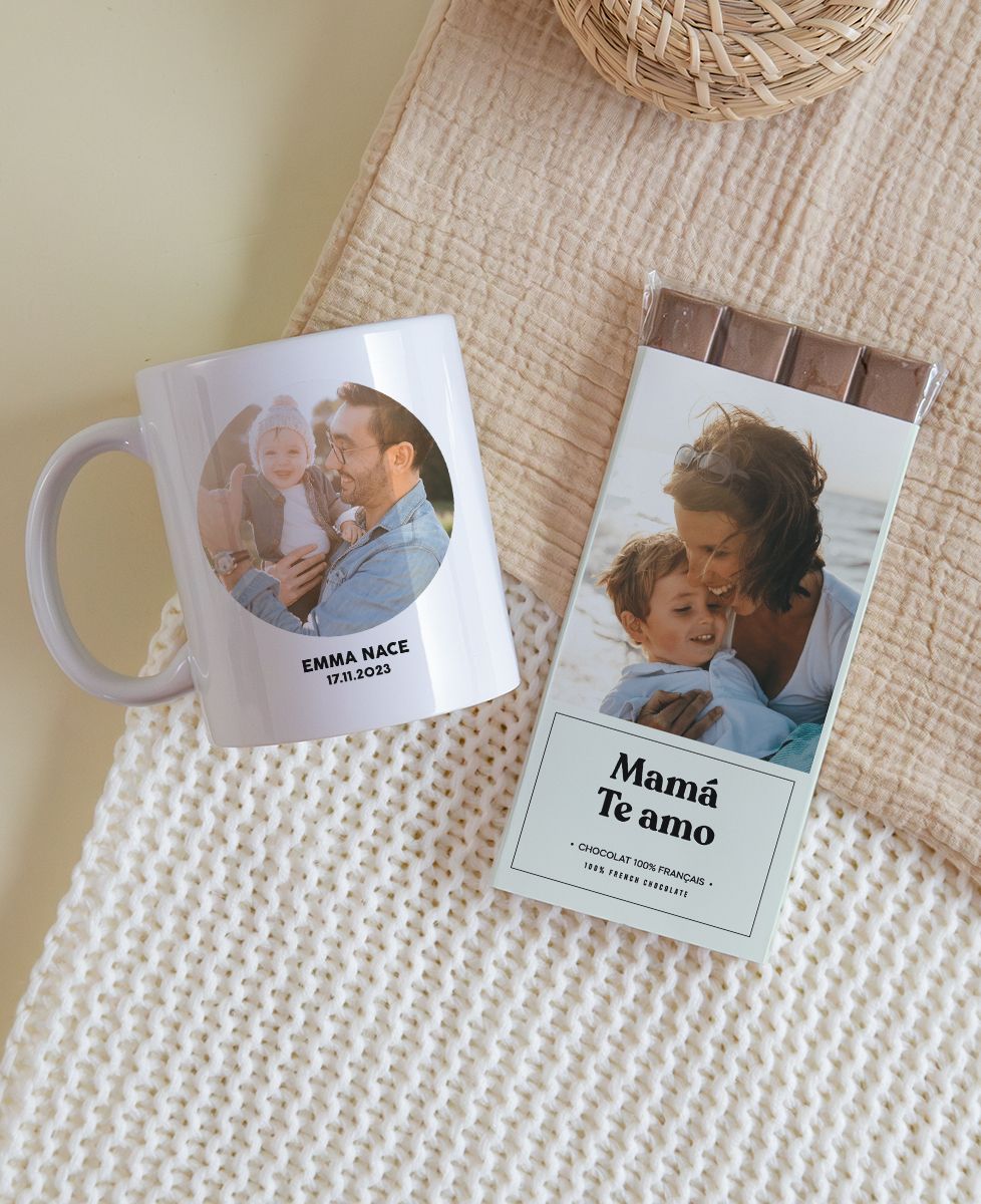 Caja Taza y chocolatina con foto y texto personalizado