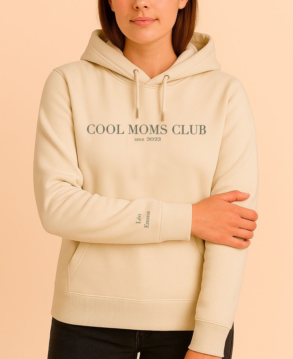 Women's Hoodie Cool moms club and first names on the sleeve Grey XS