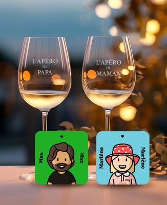 Coffret 2 verres gravés l'apéro de papa et l'apéro de maman + 2 dessous de verre figurine - Apéro, Duo assortis