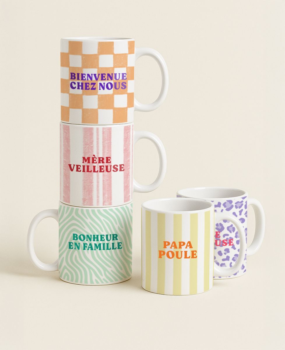 Coffret Mugs Texte et motif coloré personnalisés