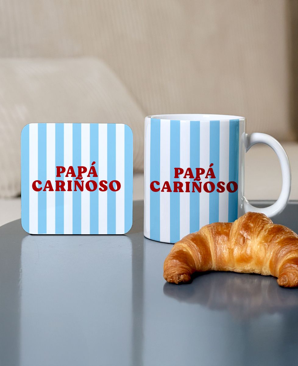 Caja Taza y posavasos personalizados con texto y colorido diseño