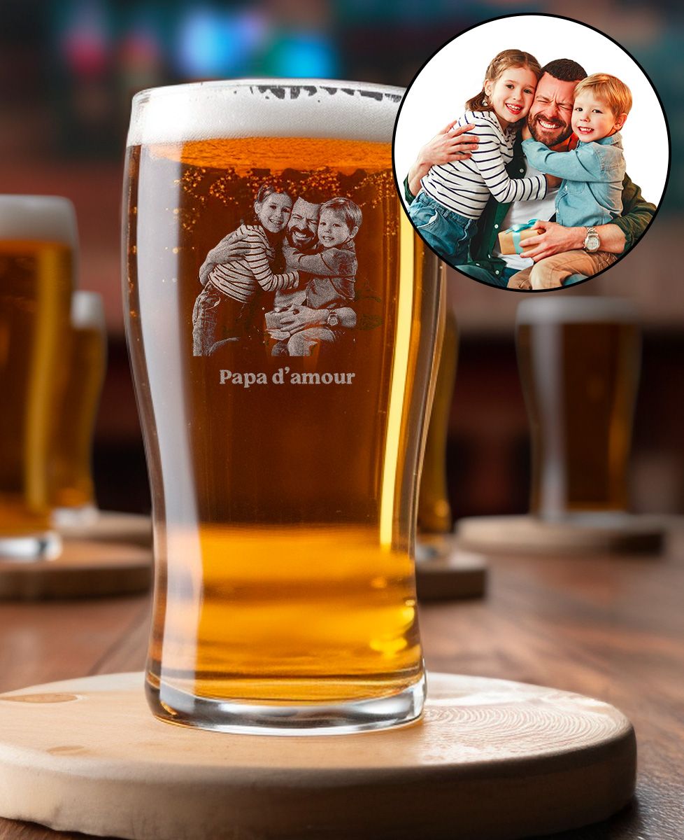 Verre à bière photo et texte gravés
