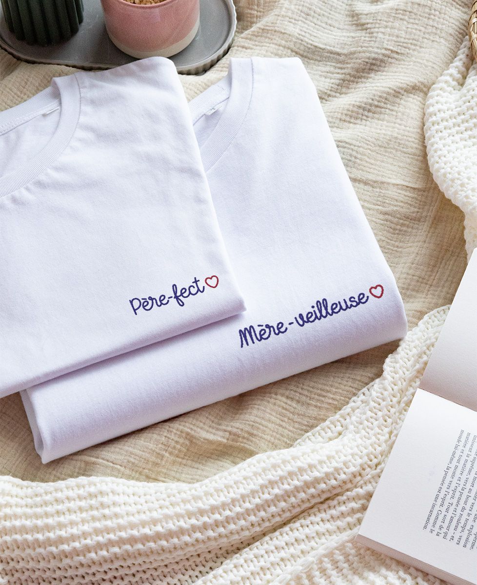 Coffret Duo T-shirt Mère-veilleuse et T-shirt Père-fect (brodé) - Cadeaux Papa, Cadeaux Maman, Future Maman