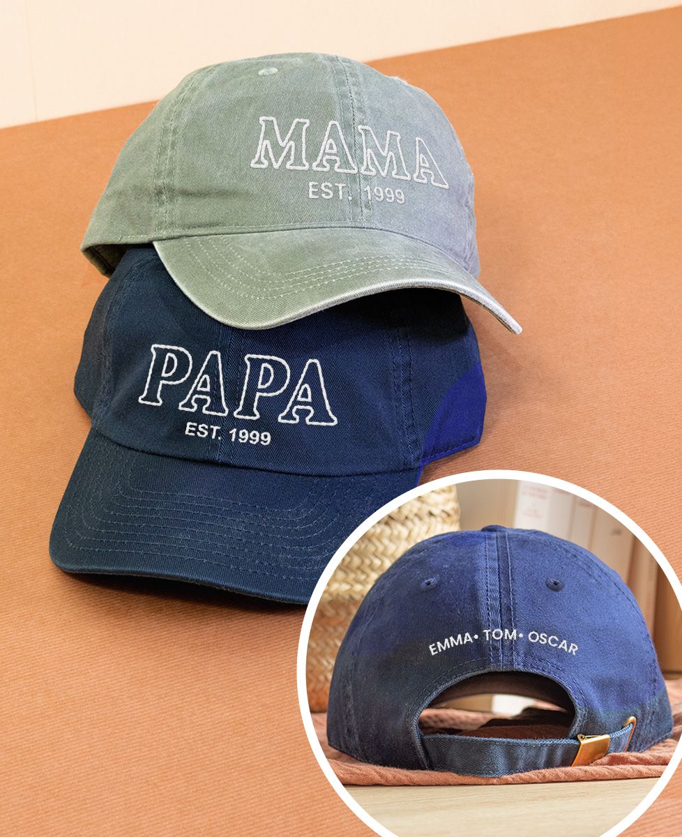 Coffret Duo de Casquettes Mama/Papa et prénoms des enfants - Cadeaux Papa, Cadeaux Maman, Future Maman