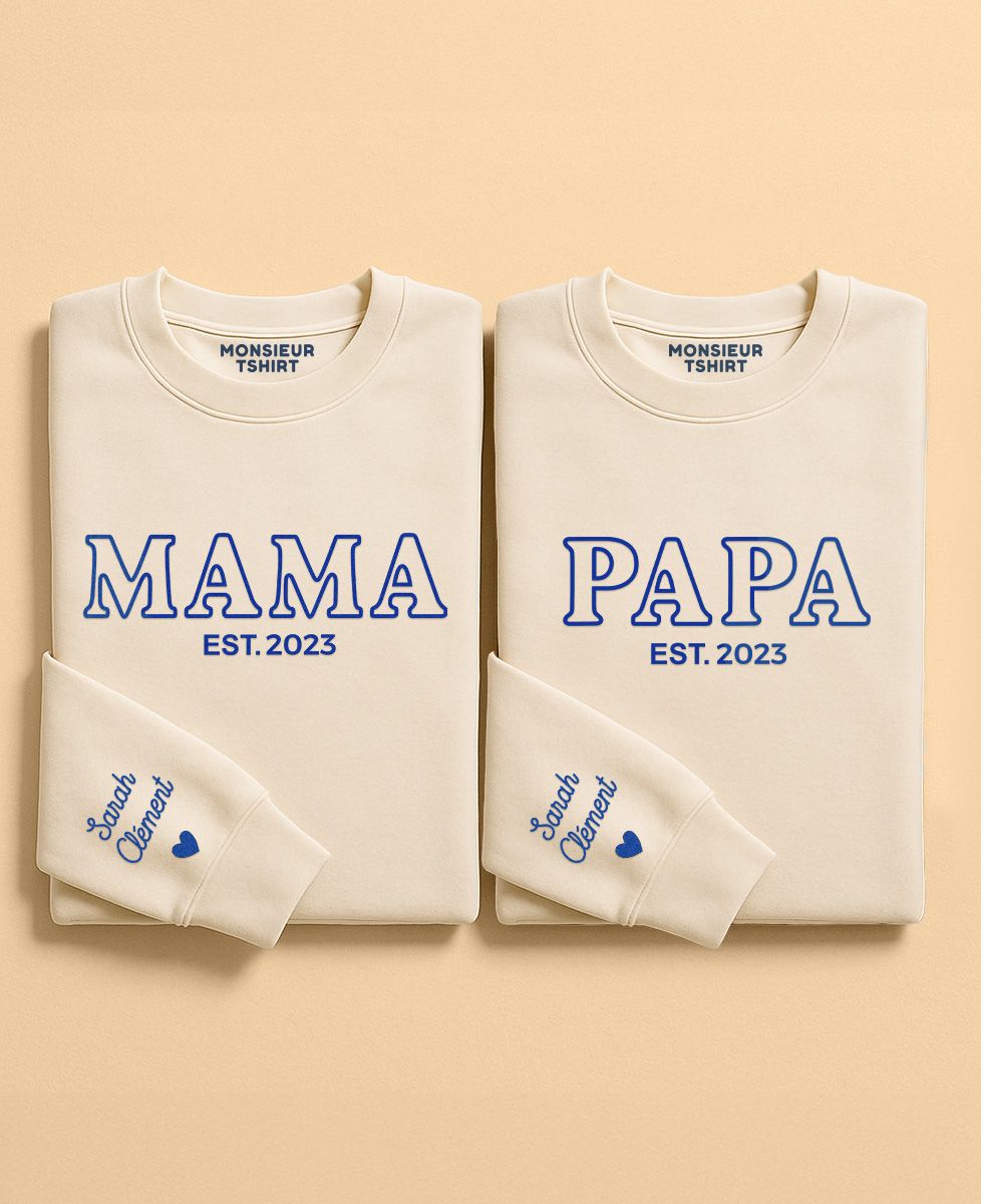 Coffret Duo de Sweatshirts Mama/Papa et prénoms des enfants sur la manche - Cadeaux Papa, Cadeaux Maman, Future Maman