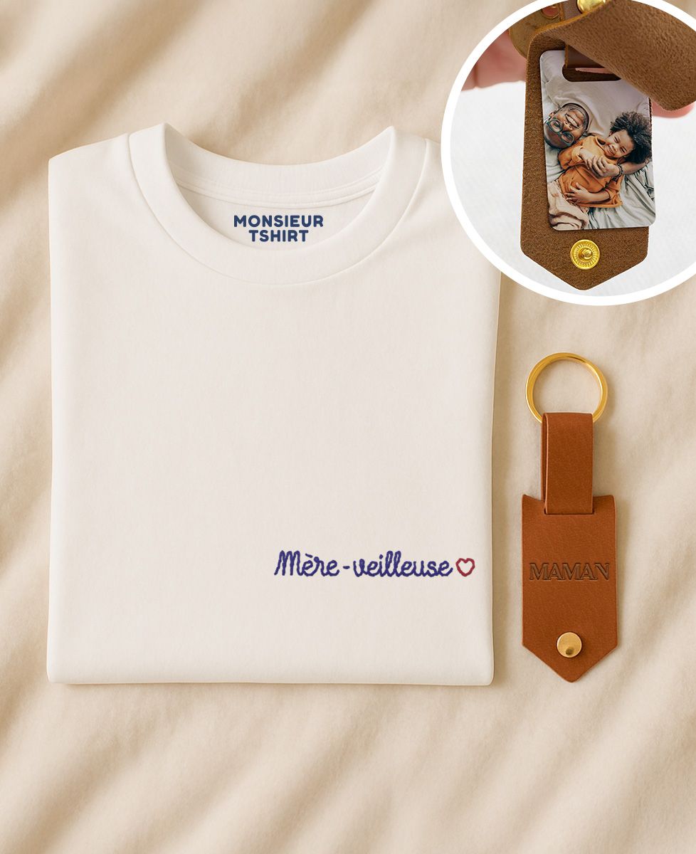 Coffret Duo T-shirt femme Mère-veilleuse (brodé) et Porte-clés Maman et 2 photos - Cadeaux Maman, Future Maman