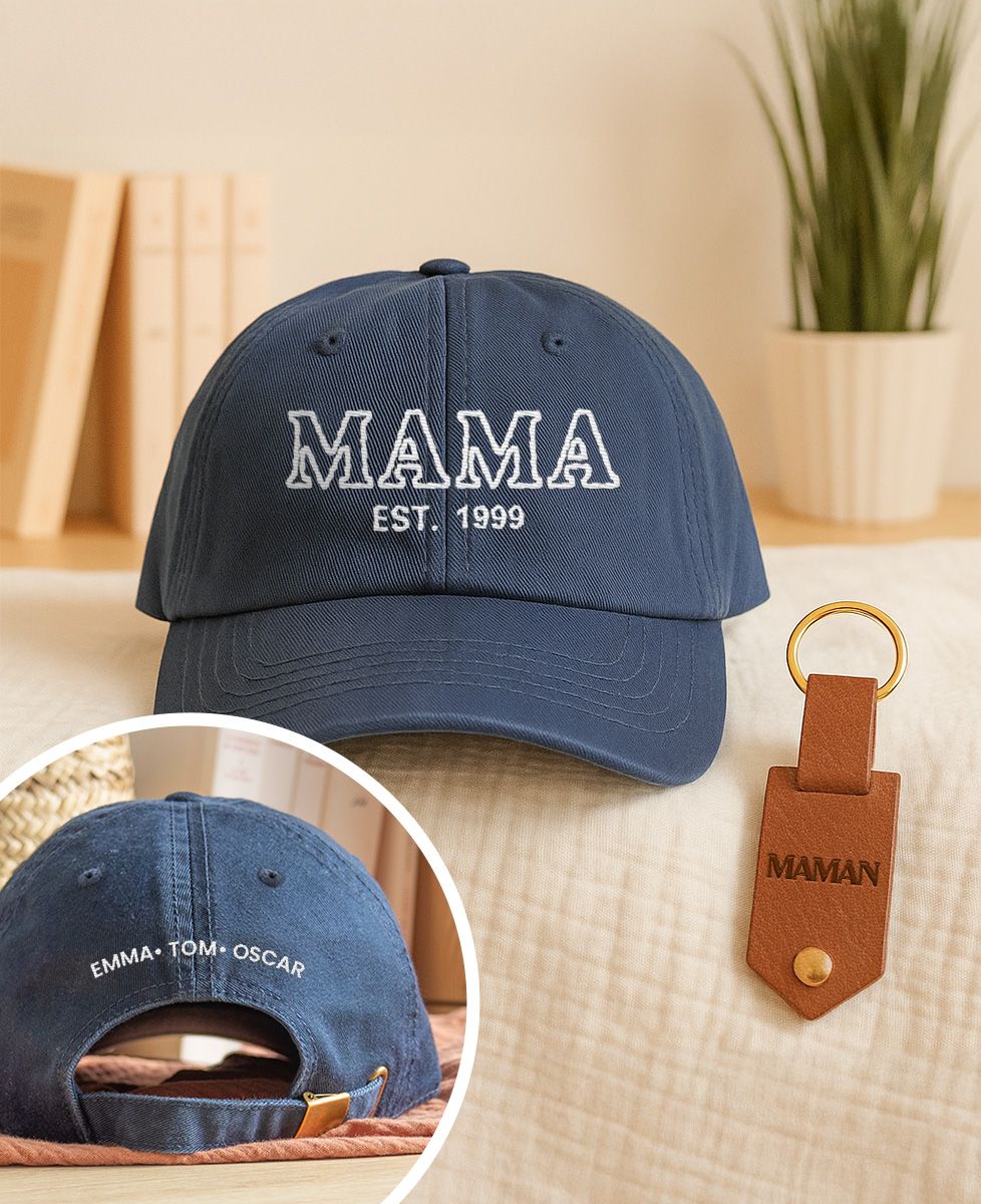Coffret Duo Casquette Mama et prénoms et Porte-clés Maman et 2 photos - Cadeaux Maman, Future Maman