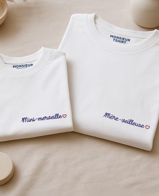 Duo de T-shirt femme Mère-veilleuse et T-shirts enfant/bébé Mini-merveille (brodé)