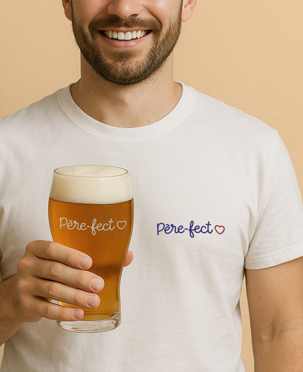 Coffret Duo T-shirt homme Père-fect (brodé) et Verre Père-fect (gravé) - Cadeaux Papa