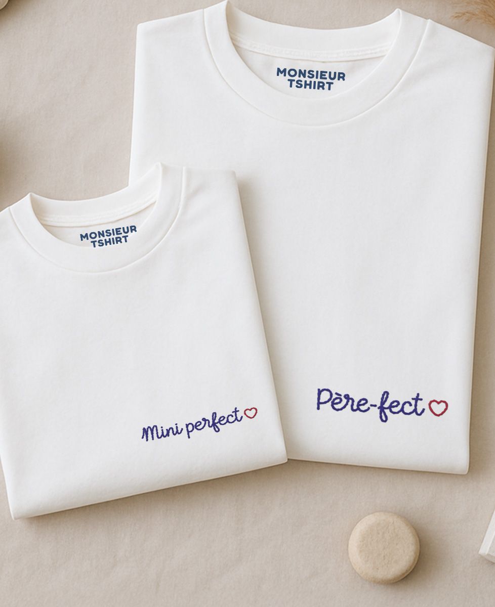 Coffret Duo de T-shirt homme Père-fect et T-shirts enfant/bébé Mini-Perfect (brodé) - Cadeaux Papa