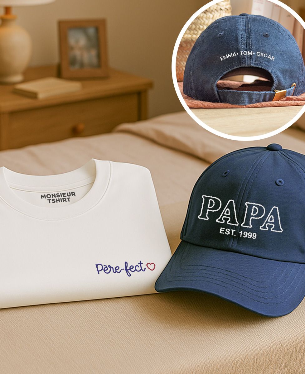 Coffret Duo T-shirt homme Père-fect (brodé) et Casquette Papa et prénoms des enfants - Cadeaux Papa