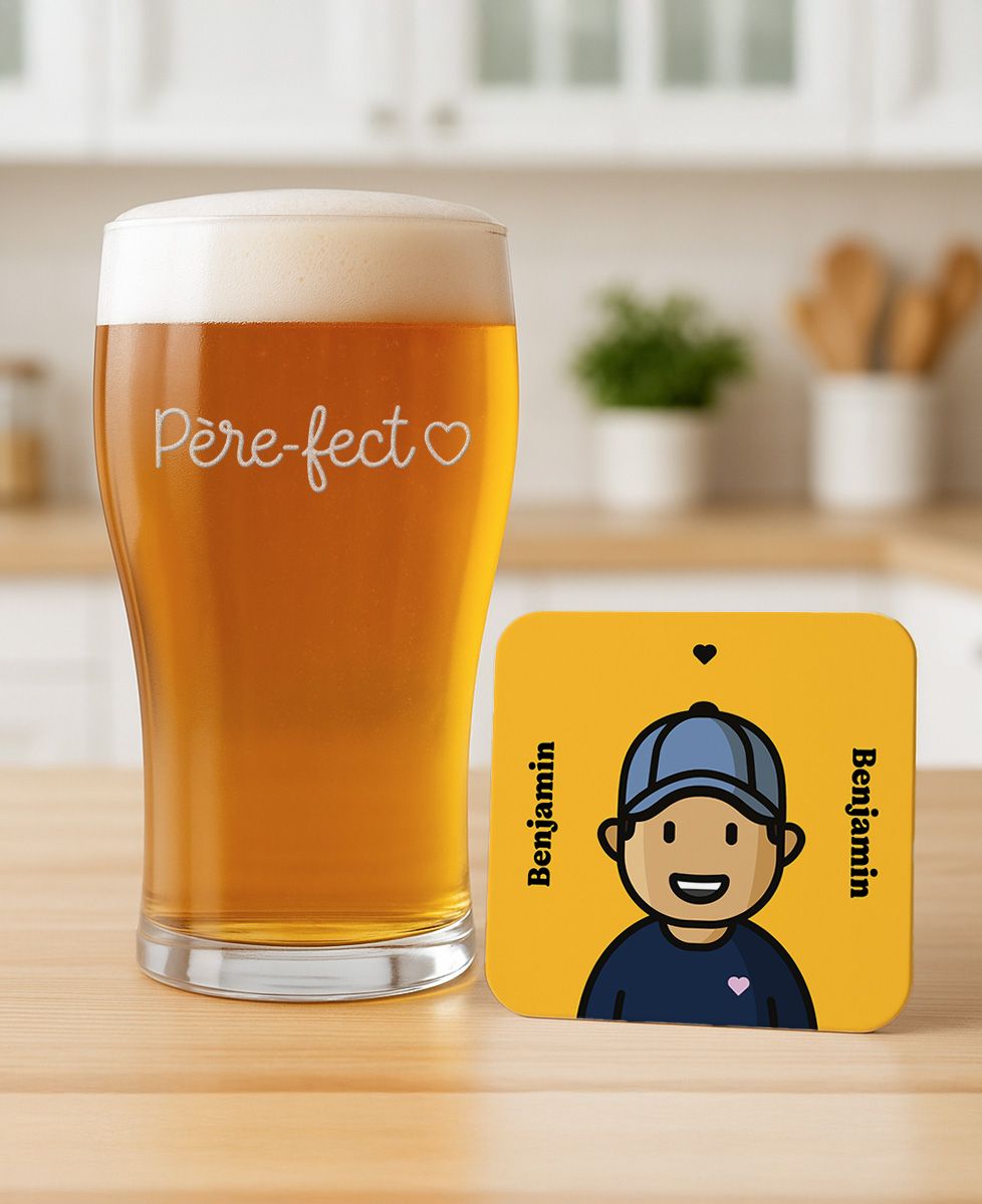 Coffret Duo Verre Père-fect gravé et Dessous de verre Figurine adulte personnalisé - Cadeaux Papa