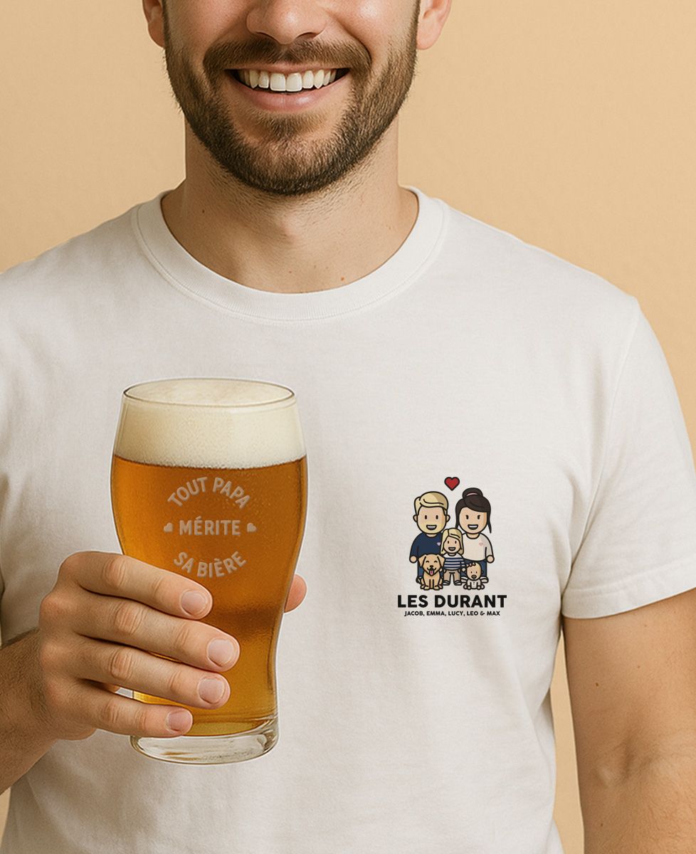 Coffret Duo T-shirt homme Famille figurine et Verre à bière Tout papa mèrite sa bière - Cadeaux Papa