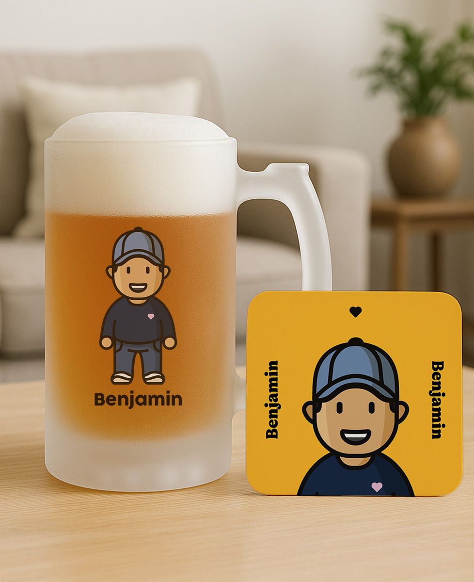 Coffret Duo Chope de bière et Dessous de verre Figurine adulte personnalisée - Cadeaux Papa